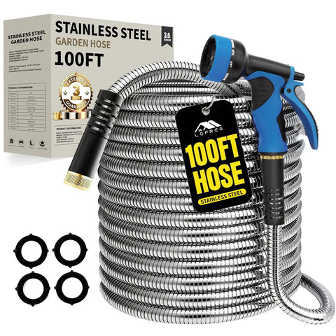 100 Ft Stainless Steel Garden Hose No Kinks And Leak Proof Flexible Water Hose With Upgraded Handle 10 Function Spray Nozzle And 4 Spare Gaskets For Yard RV Pet Bath in box with nozzle and gaskets