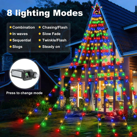 Outdoor Christmas Star Lights 11.5 Foot String With 317 LEDs Multicolor 8 Modes And Timer illuminating a house and yard