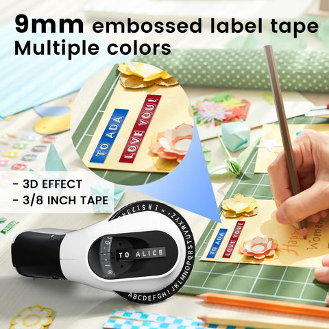 Super Slick Manual 3D Embossing Label Maker With Tape Roll Inkless Quiet Rotation Press Cut Mechanism No Batteries Or Apps Needed Easy Peasy for colorful label tape display.