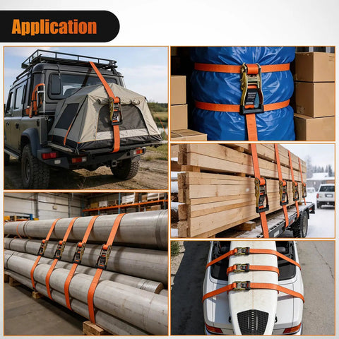 Built Tough 2 Inch By 30 Foot Flat Hook Ratchet Straps 10 Pack securing various loads including tents, lumber, and cylindrical pipes.