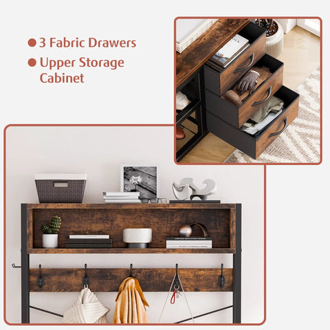 Rustic Brown Hall Tree With Bench And Shoe Storage Freestanding Coat Rack With Two Tier Shelf Six In One Entryway Organizer Featuring 12 Hooks 3 Drawers And Holds 200 Lb For Shoes And Coats Front Door Space Saver Clutter Free Entrance showing fabric drawers and storage cabinet