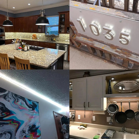 LED strip lights powered by Dimmable LED Driver 12V DC 60W Quiet Operation Universal Regulated Power Supply in various home settings