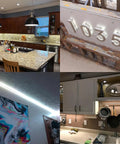LED lighting using Ultra Smooth Dimmable LED Driver 60W 12V DC, showing kitchen, house number, ceiling, and cabinet applications.