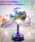 Six Inch Rotating Mirrors Disco Ball Light With Adjustable Five To Nine RPM Motor Base 24 RGB LED Mood Lights USB Or Battery Powered Lit For Party Club Stage Dance Bar spinning on table