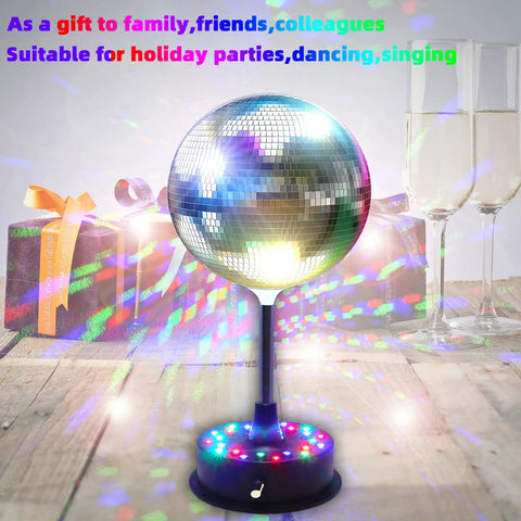 Six Inch Rotating Mirrors Disco Ball Light With Adjustable Five To Nine RPM Motor Base 24 RGB LED Mood Lights USB Or Battery Powered Lit For Party Club Stage Dance Bar spinning on table