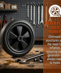 Heavy Duty 7 Inch Solid Tire For Generator And Welder Flat Free Rubber Wheel With Anti Slip Grip Quiet Rolling Utility Cart Caster Puncture Proof No Flat Hassle on wooden table with tools in background.