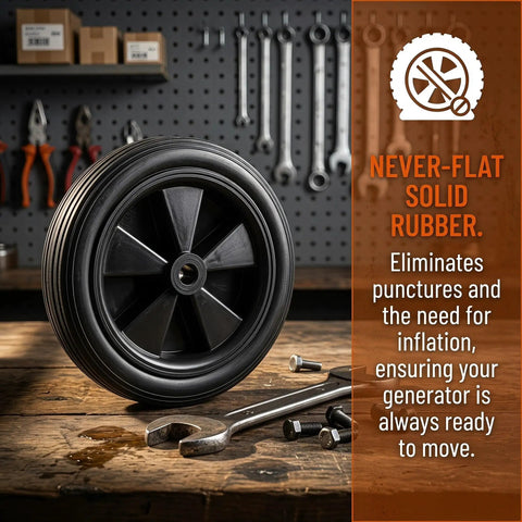 Heavy Duty 7 Inch Solid Tire For Generator And Welder Flat Free Rubber Wheel With Anti Slip Grip Quiet Rolling Utility Cart Caster Puncture Proof No Flat Hassle on wooden table with tools in background.