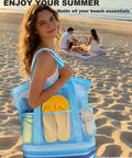Blue Beach Bag With Built In Detachable Cooler Compartment, Mesh Dry Wet Bag With Zipper Pockets on person at beach