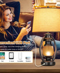 Set of 2 Rustic Farmhouse Table Lamps for Living Room and Bedroom with USB, shown on a table next to a woman using phone, cozy lighting.