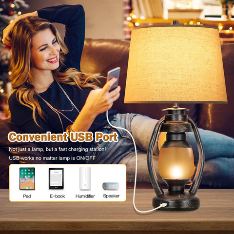 Set of 2 Rustic Farmhouse Table Lamps for Living Room and Bedroom with USB, shown on a table next to a woman using phone, cozy lighting.