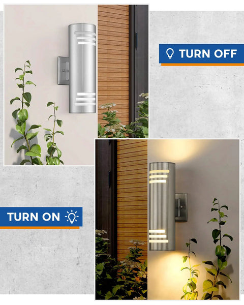 Two Pack Dope Outdoor Wall Light Up Down Modern Sconce With Stainless Steel Cylinder In Brushed Nickel Exterior Lighting Fixtures IP65 Waterproof Patio Porch showcasing light on and off modes