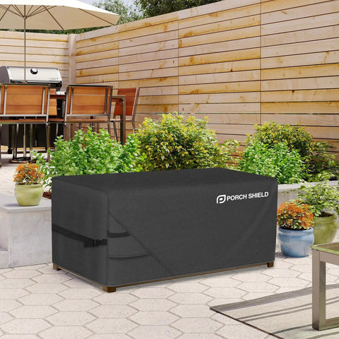 Heavy Duty Outdoor Deck Box Cover For 150 To 230 Gallon Storage 62 Inch Length 29 Inch Width 28 Inch Height Waterproof Tear Resistant 70 Percent Polyester 30 Percent PVC Rectangular Fire Pit Table Cover All Weather Black