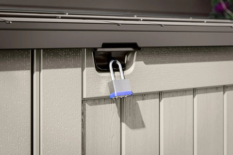 Close-up of the lockable door on a Horizontal Outdoor Storage Shed For Trash Cans And Yard Tools All Weather Resin With Soft Close Lid