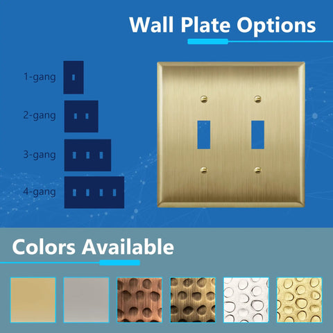 Toggle Light Switch Wall Plate 2 Gang Metal Cover In Stainless Steel With Brushed Brass Finish shown with options and colors.