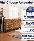 Man standing beside Heavy Duty 8ft Firewood Log Rack For Outdoor Use On Porch Or Backyard Keeps Fire Wood Neatly Stacked, 96 Inch Wide Steel Holder With Ground Clearance And Storage Organizer Black indoors.