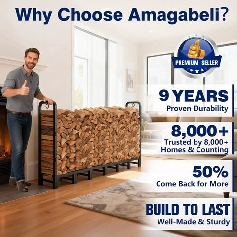 Man standing beside Heavy Duty 8ft Firewood Log Rack For Outdoor Use On Porch Or Backyard Keeps Fire Wood Neatly Stacked, 96 Inch Wide Steel Holder With Ground Clearance And Storage Organizer Black indoors.