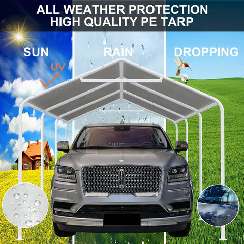 10x20 Ft Carport Replacement Canopy Cover For Garage Shelter Gray over a car protecting from sun, rain, and snow.