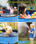 Children and a dog using a Foldable Dog Pool 79 Inch By 14 Inch Large Non Slip Outdoor Bath Tub For Dogs And Pets in a backyard.