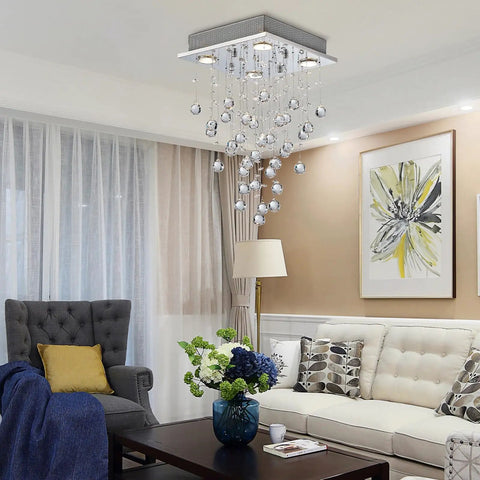 Dope Chrome Modern Crystal Raindrop Chandelier Flush Mount LED Ceiling Light Fixture Pendant Lamp in living room scene