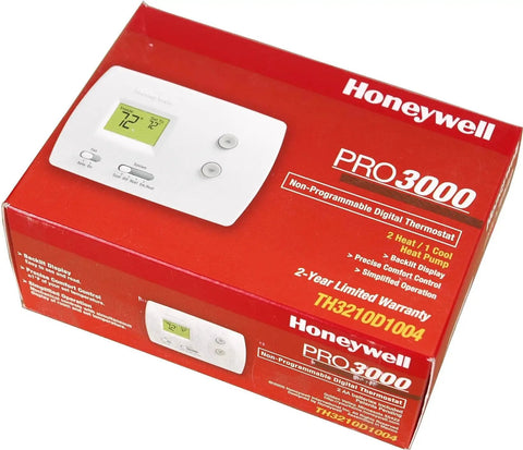 Non Programmable Digital Thermostat With Backlit Display Two H 1 C Pro 3000 Model TH3210D1004 US Made For Precise No Frills Home Comfort Easy Setup Shows Current And Set Temperatures At A Glance