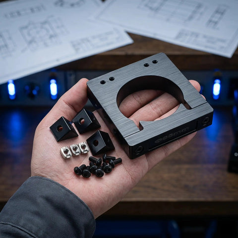 Solid CNC Motor Mounting Bracket For Spindle 65mm Engraving Machine Stand with hardware in hand for machinists.