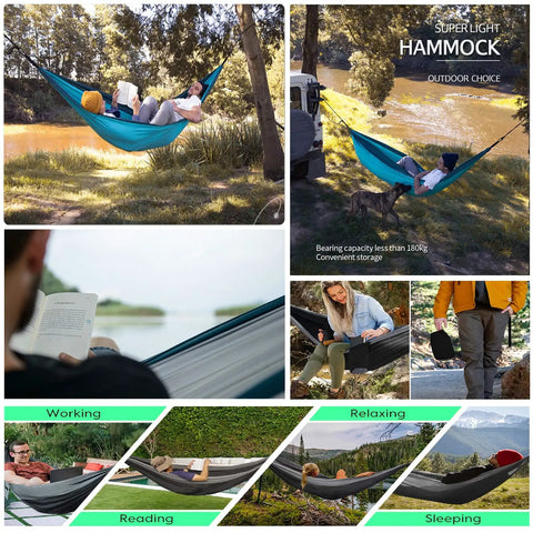 Collage of people using Portable Campin Hammock For Single Or Double Use, relaxing outdoors with clear skies and trees.