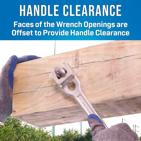 Lineman's B Type Double Ended Wrench, 13 Inch Long, Dual Open Ends, in use for outdoor cable installation with wooden pole