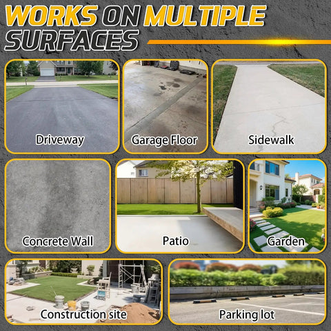 Image showing various surfaces; driveway, garage floor, sidewalk, concrete wall, patio, garden, construction site, parking lot suitable for Heavy Duty Concrete Crack Filler Kit 3Lb Gray For Driveways Walkways And Patios DIY Mortar Repair With Quartz Sand Includes Scraper Brush And Gloves All In One.
