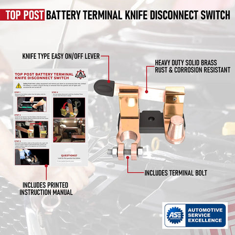 Beefy Top Post Battery Knife Disconnect Switch Isolator For Cars Boats Trucks Marine RVs ATV Camper 12V DC 200 Amp Blade Switch On Off Power Cutoff With Negative Post in brass, includes manual.