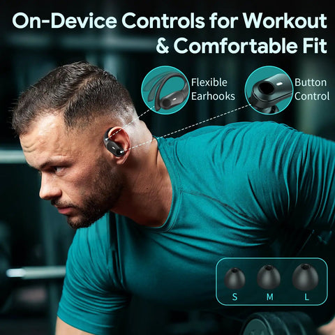 Man wearing noise cancelling wireless buds with 80 hours of playtime and power display case for sports and gym workouts.