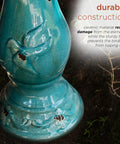 Close-up of 25 inch tall outdoor ceramic antique pedestal birdbath with turquoise finish showing bird figurines and sturdy base.