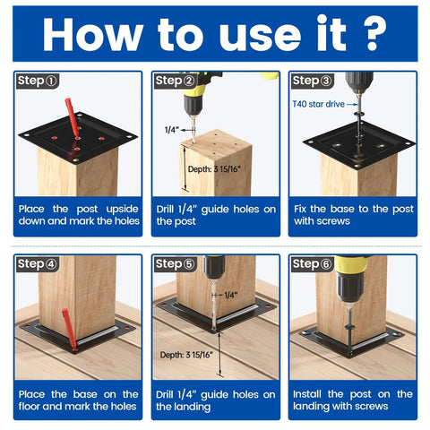 Installation steps for 4x4 Wood Post Plate Connector And Post Base Bracket Black on wood floor with guide holes and screws.