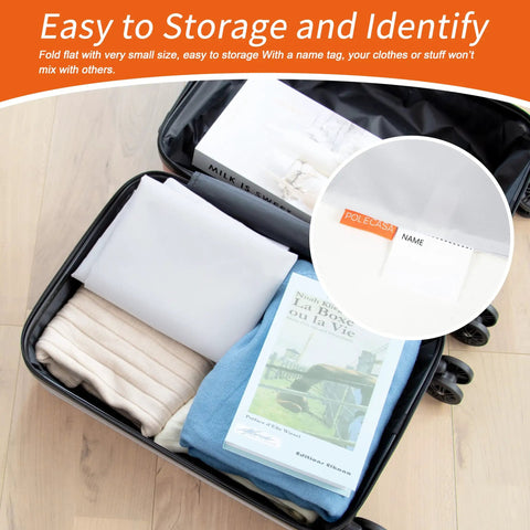 Open suitcase with clothes, book, and label visible, illustrating storage features.