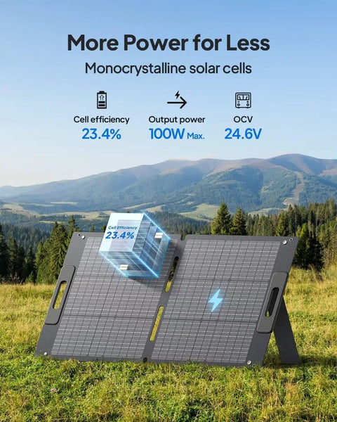 100W Foldable Solar Panel For Solar Generator And Camping Gear With Adjustable Kickstands in grassy outdoor setting