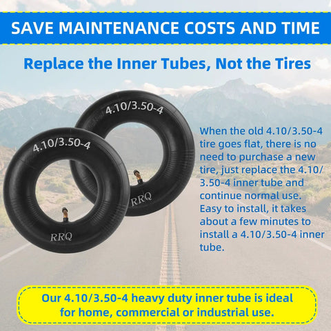 Two Pack 4.10/3.50-4 Inner Tubes With TR-87 Bent Valve Stem For Wheelbarrows displayed with maintenance message