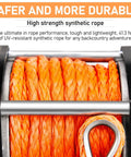 4500lb Electric Winch With Synthetic Rope For Off Road Recovery 12V DC Motor With Serious Torque 185 To 1 Gear Ratio Three Stage Planetary Drive Auto Braking For Power Outages 41.3 Ft Rope, orange rope close-up