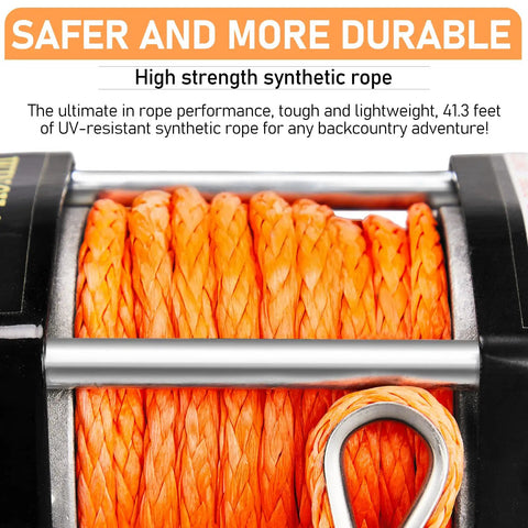 4500lb Electric Winch With Synthetic Rope For Off Road Recovery 12V DC Motor With Serious Torque 185 To 1 Gear Ratio Three Stage Planetary Drive Auto Braking For Power Outages 41.3 Ft Rope, orange rope close-up