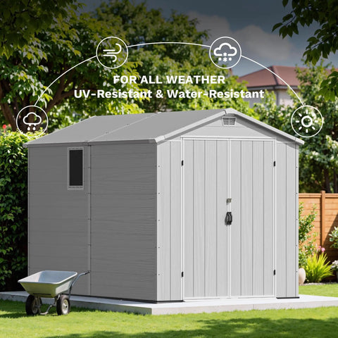 6x10 Ft Plastic Storage Shed With Floor Lockable Door And Windows Waterproof Outdoor Garden Tool Shed For Patio Lawn And Backyard Durable Resin Construction With Large Capacity For Mowers Bikes And Tools in light gray with wheelbarrow nearby, outdoor setting