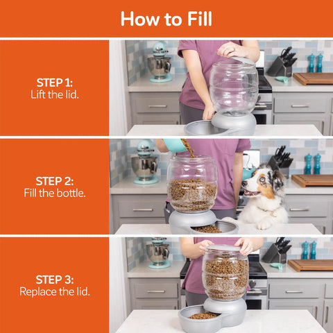 How to fill Hassle Free Automatic Cat And Dog Gravity Food Feeder Dispenser With Easy Snap Top Lid Holds Eighteen Pound Kibble In Pearl Peacock Blue.