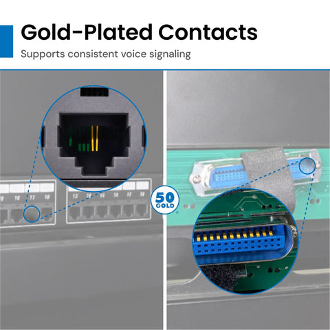 Gold-plated contacts of the Beefy 24 Port Voice Patch Panel For Business Phone Systems featuring 6P2C male jacks for reliable signaling.