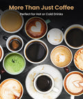 Assorted coffee cups with various designs and latte art on a dark surface.