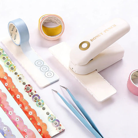 Killer Precision Donut Punch For Washi Tape And Paper Crafting Tool For Ring Binder Hole Repair and Planner Sticker Making with washi tapes and tweezers.