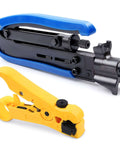 Coax Cable Crimping And Stripping Kit For RG6 RG59 RG11 Coaxial Cables With Adjustable Stripping Blade shown with crimping tool.