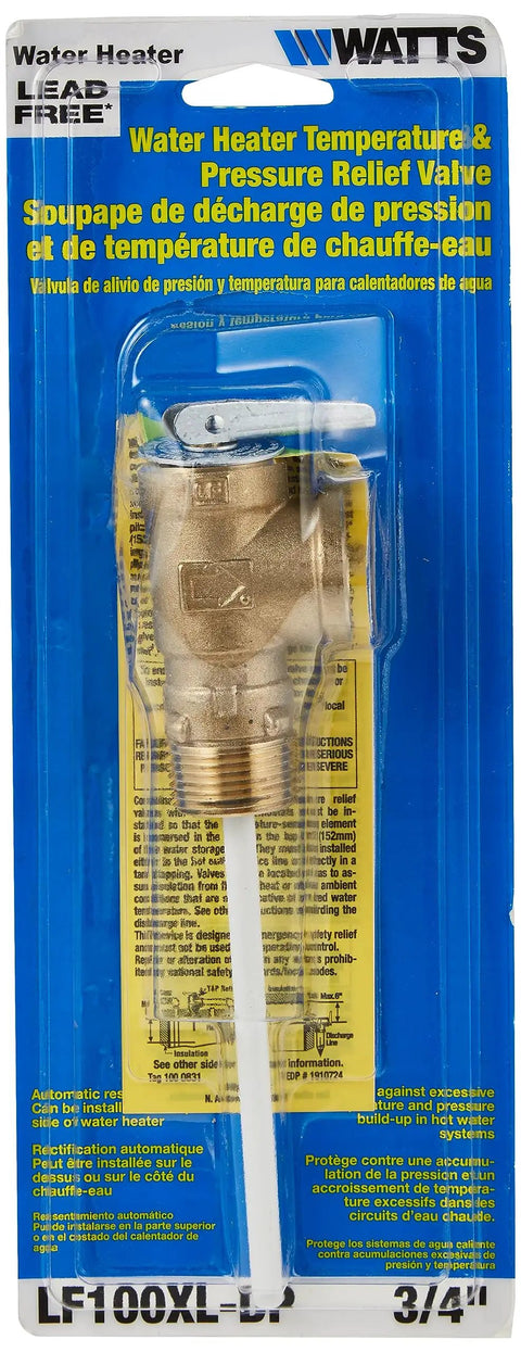 Three Quarters Inch Lead Free Bronze Temperature And Pressure Relief Valve With Fully Automatic Self Closing Action NPT Inlet to NPT Outlet Test Lever and Extension Thermostat in retail packaging