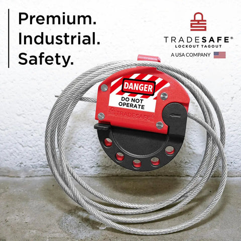 6 Foot Adjustable Lockout Cable With Vinyl Coating Stainless Steel 5/32 Inch Cable for LOTO showcasing red safety lock.