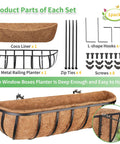 Two Pack 24 Inch Railing Planter Boxes With Coconut Liners For Outdoor Balcony Porch Fence And Patio No Fuss Easy Hang Deck Flower Baskets Includes Zip Ties Sturdy Metal Troughs For Vibrant Seasonal Plants parts displayed.