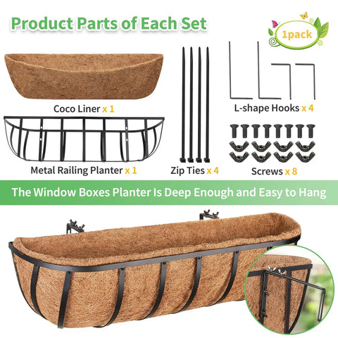 Two Pack 24 Inch Railing Planter Boxes With Coconut Liners For Outdoor Balcony Porch Fence And Patio No Fuss Easy Hang Deck Flower Baskets Includes Zip Ties Sturdy Metal Troughs For Vibrant Seasonal Plants parts displayed.