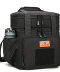 Expandable Large Tactical Lunch Box With Dual Insulated Compartments And Shoulder Strap, black, side view with water bottle pocket.