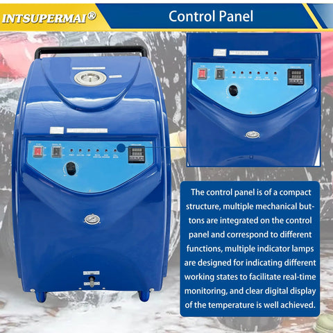 Industrial Steam Cleaner Drops Smokin Hot High Pressure Steam For Auto Shop Degreasing And Fleet Maintenance With Instant Heating And Kickin 13 Bar Force Control panel with various buttons and indicators for temperature monitoring.