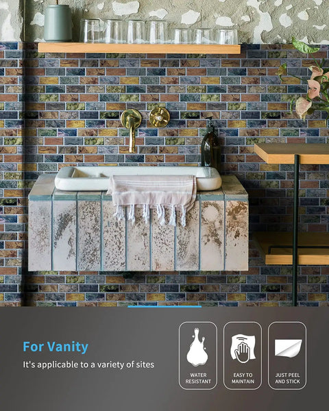 Bathroom vanity with colorful marble design peel and stick vinyl backsplash tiles, water resistant and easy to maintain.